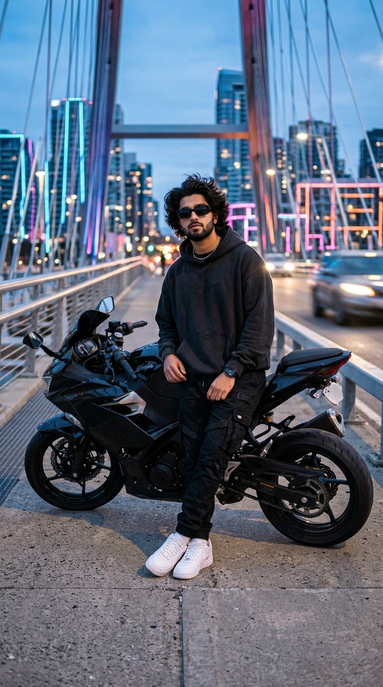 Urban Black Superbike Casual Lifestyle Portrait AI Photo Prompt