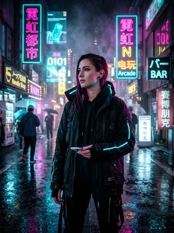 Cyberpunk Rain Reflections in Neon Alleyway