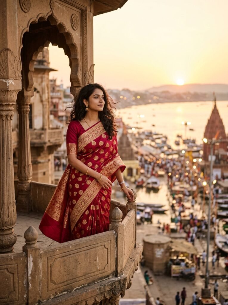 Golden Hour Banarasi Silk Saree Portrait AI Photo Prompt