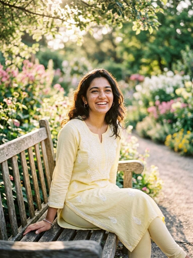 Sunlit Garden Pastel Yellow Kurti Aesthetic Portrait AI Photo Prompt