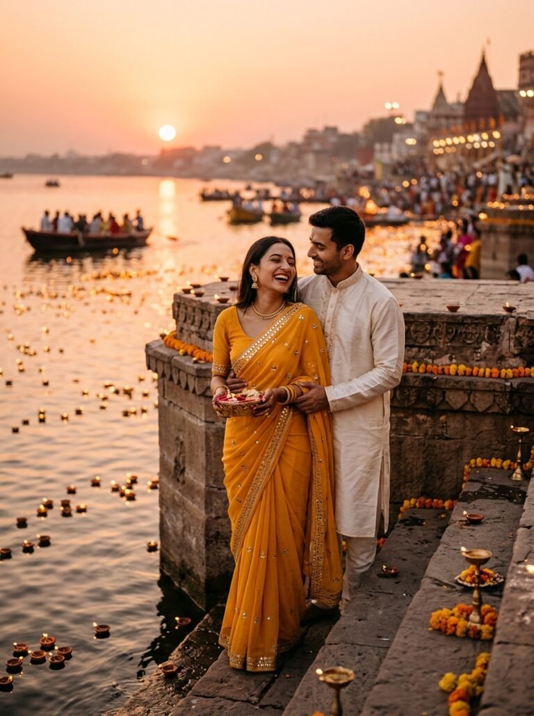 Devotional Sunset Ghat Romantic Couple Portrait AI Photo Prompt