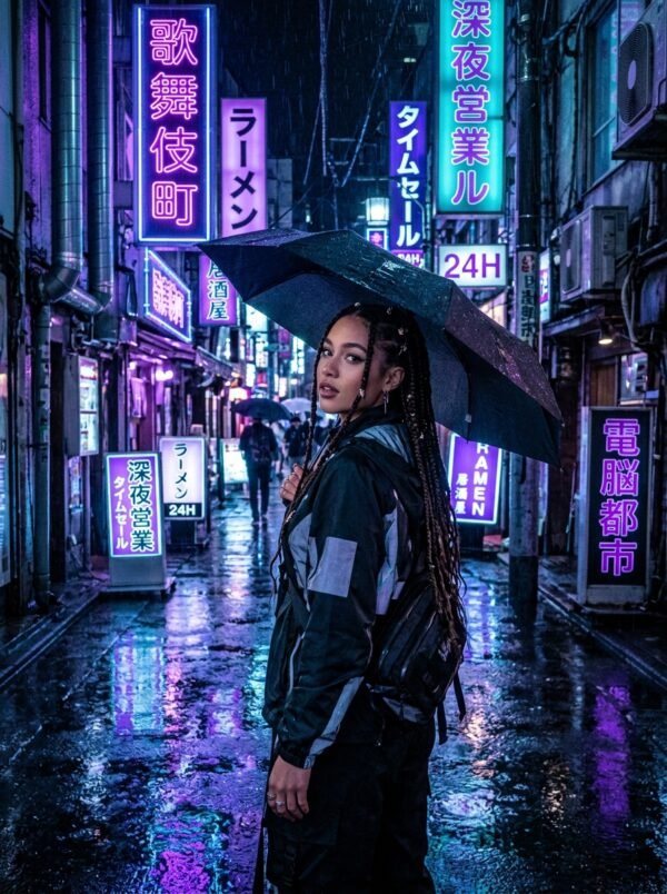 Vibrant Neon Cyber Portrait in Tokyo Night Market